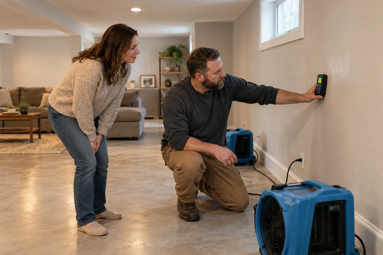Water damage restoration technician drying a flooded living room in Milwaukee